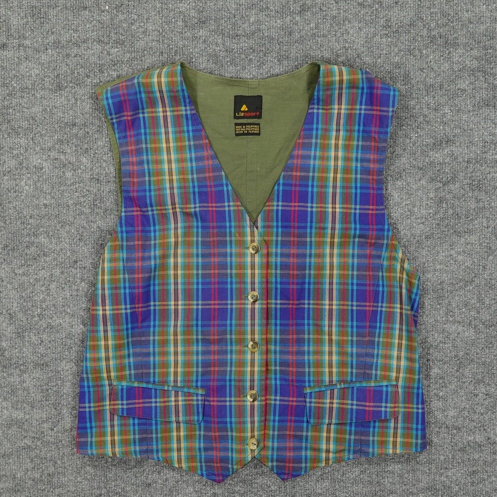 Liz Sport Vest Womens Medium Multicolor Plaid Button Front Lined Elastic Waist